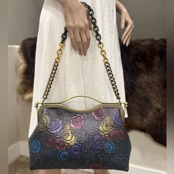 Unique Colorful Rose Embossed Cowhide Handmade  Retro Style Kisslock Handbag - Picture 5 of 17